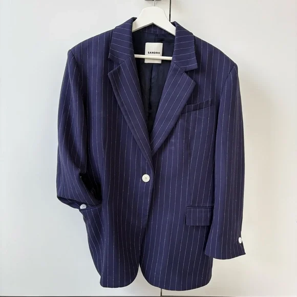 SANDRO Paris women’s blazer in classic navy blue with fine pinstripes. - Picture 1 of 7
